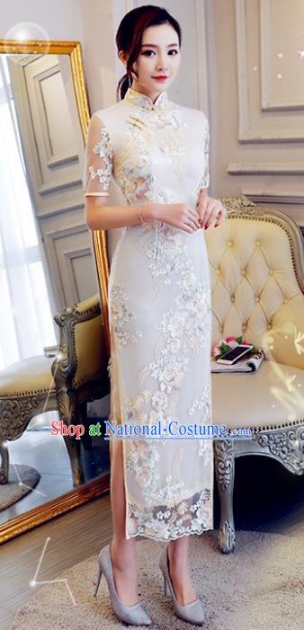 Chinese Traditional Elegant Cheongsam Embroidery White Qipao Dress National Costume for Women