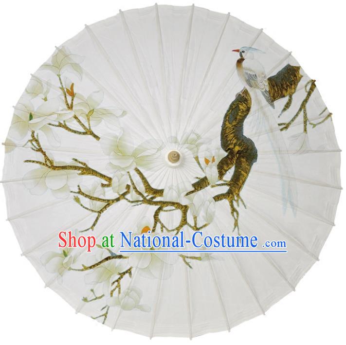 Chinese Traditional Artware Paper Umbrellas Printing White Mangnolia Magpie Oil-paper Umbrella Handmade Umbrella