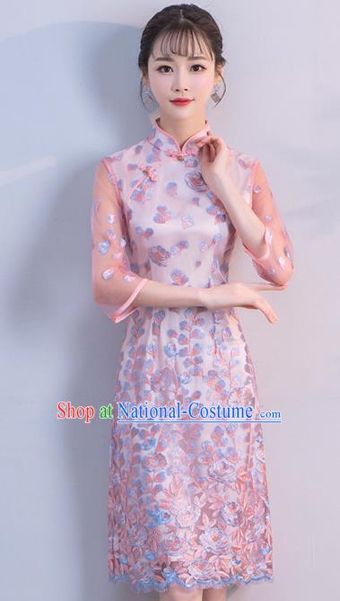 Chinese Traditional Pink Mandarin Qipao Dress National Costume Short Cheongsam for Women
