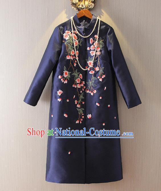 Chinese Traditional National Dust Coat Tangsuit Embroidered Navy Coats for Women