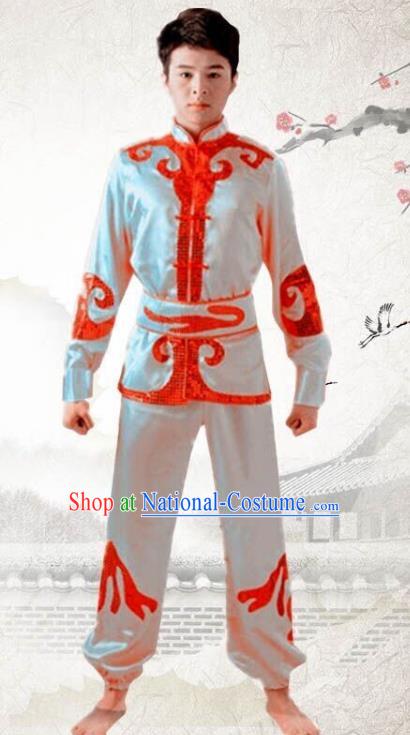 Traditional Chinese Yangge Dance Fan Dance Costume, Folk Drum Dance Dragon Boat White Uniform Yangko Clothing for Men
