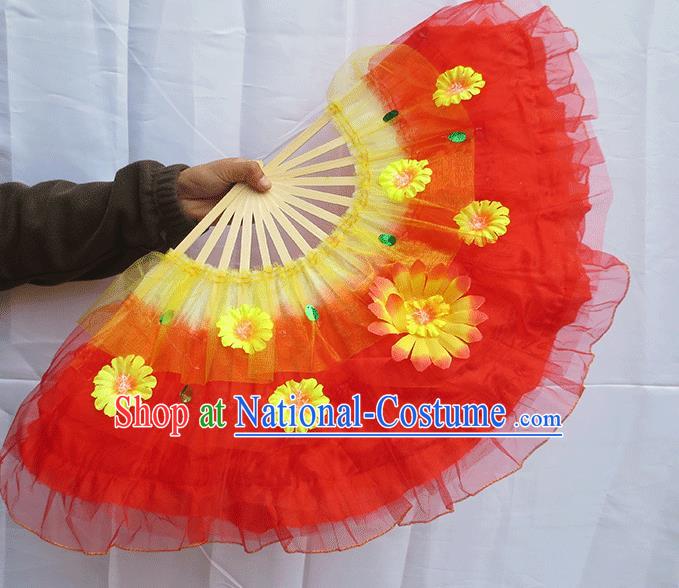 Chinese Traditional Folk Dance Folding Fans Classical Yangko Dance Red Silk Fans for Women