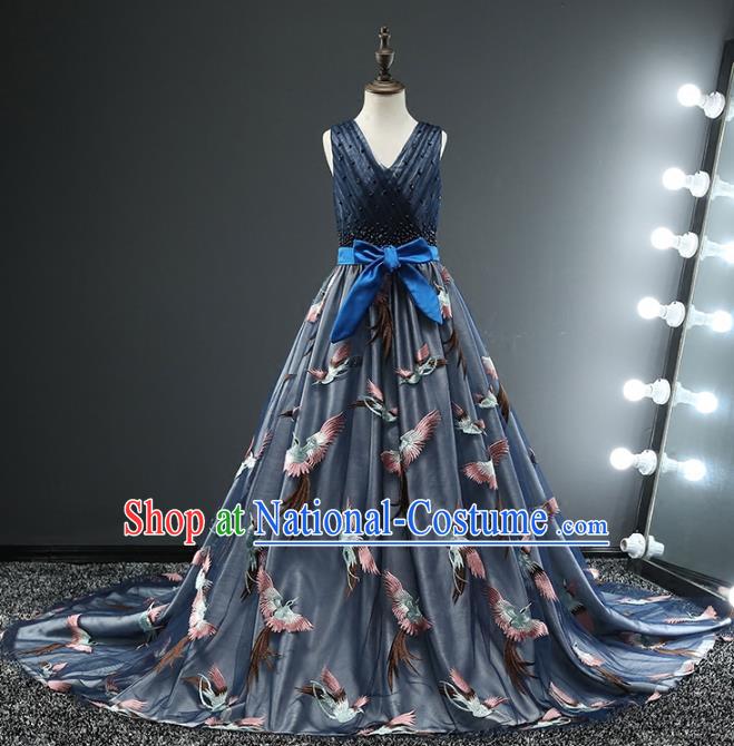 Children Stage Performance Costumes Ballroom Waltz Dance Blue Dress Modern Fancywork Full Dress for Kids