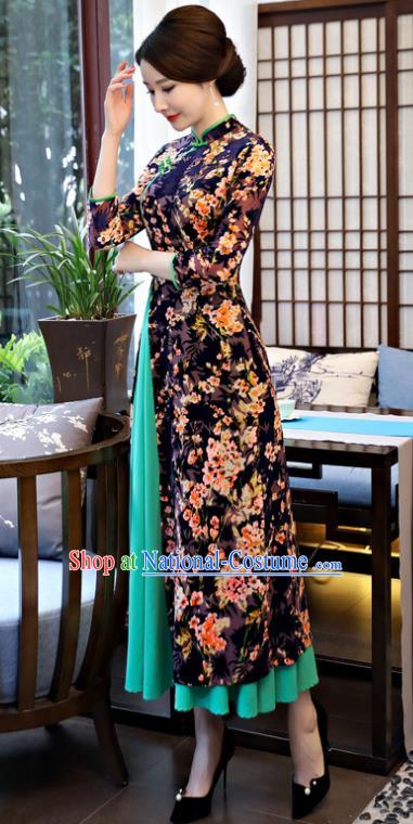 Top Grade Chinese Printing Flowers Black Velvet Qipao Dress National Costume Traditional Mandarin Cheongsam for Women