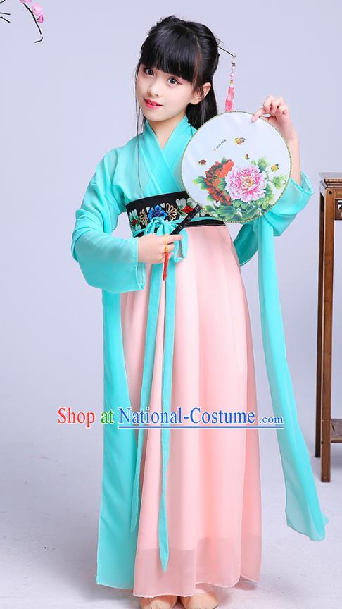 Chinese Traditional Folk Dance Costumes Ancient Green Hanfu Dress Children Classical Dance Clothing for Kids