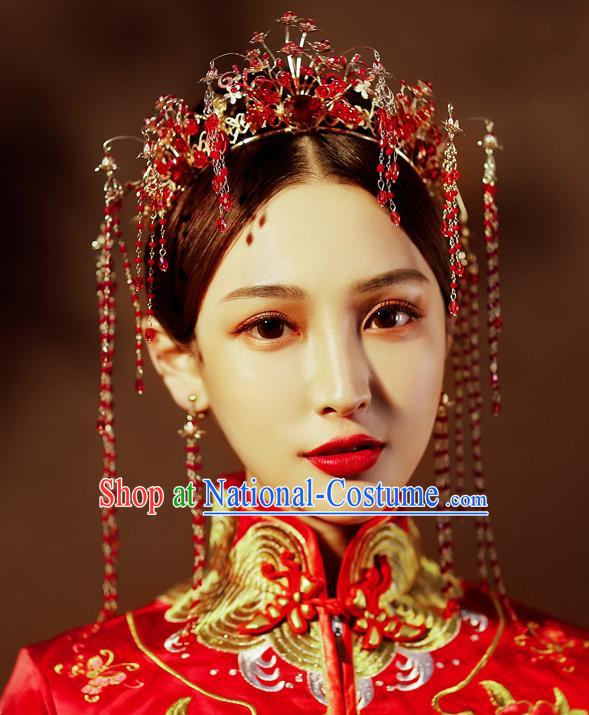 Chinese Traditional Palace Hair Accessories Wedding Red Beads Tassel Phoenix Coronet Ancient Xiuhe Suit Hairpins Complete Set for Women