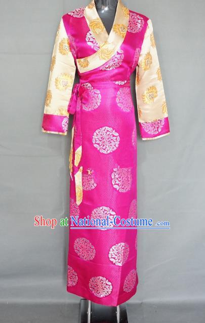 Chinese Zang Nationality Rosy Brocade Tibetan Dress, China Traditional Tibetan Ethnic Heishui Dance Costume for Women