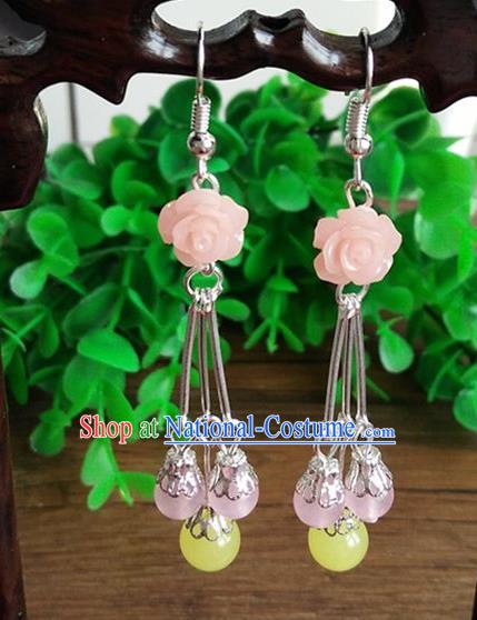 Top Grade Chinese Handmade Accessories Eardrop Wedding Hanfu Pink Rose Earrings for Women