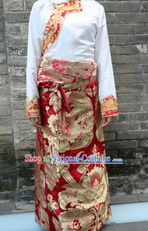 Chinese Traditional Minority Dance Costume Red Tibetan Skirt Zang Nationality Clothing for Women
