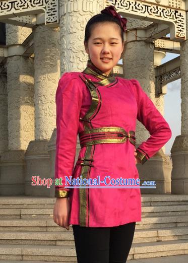 Chinese Traditional Female Ethnic Costume Rosy Suede Fabric Mongolian Robe, China Mongolian Minority Folk Dance Clothing for Women