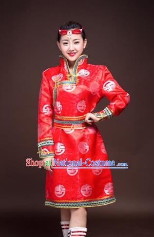 Chinese Traditional Female Ethnic Costume, China Mongolian Minority Folk Dance Red Clothing for Women