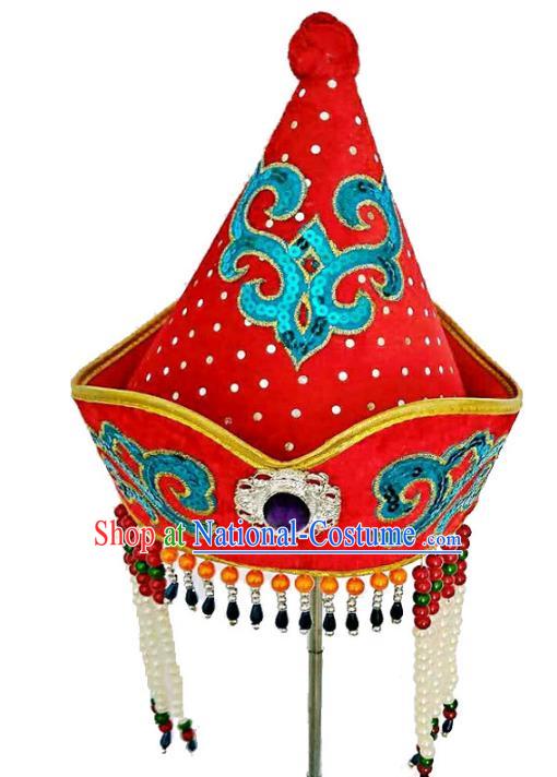 Chinese Handmade Mongol Nationality Hats Mongolian Red Tassel Hats for Kids