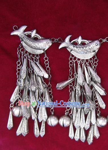 Chinese Miao Nationality Sliver Ornaments Traditional Hmong Handmade Fishes Pendant for Women