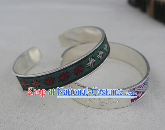 Chinese Miao Sliver Ornaments Bracelet Traditional Hmong Handmade Embroidered Green Sliver Bangle for Women