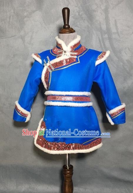 Chinese Traditional Mongol Nationality Boys Blue Mongolian Robe, China Mongolian Minority Folk Dance Ethnic Costume for Kids