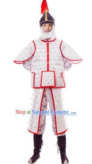 Traditional Chinese Ancient Manchu General Costume Qing Dynasty Warriors White Historical Body Armor and Helmet Complete Set