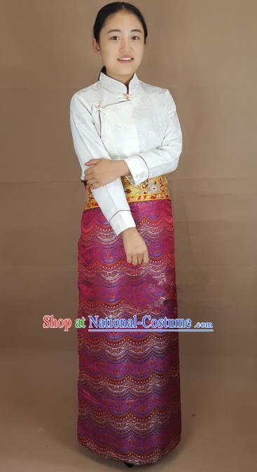 Chinese Traditional Zang Nationality Costume, China Tibetan Heishui Dance Rosy Brocade Skirt for Women