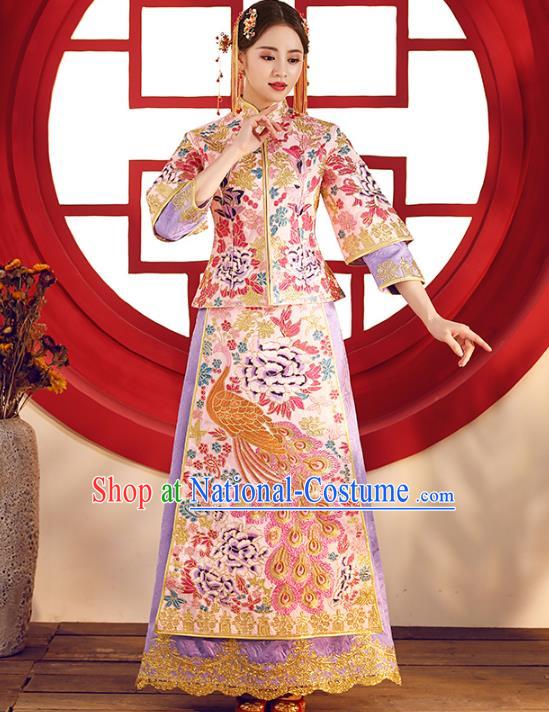 Top Grade Chinese Traditional Wedding Costumes Embroidered Purple Xiuhe Suits Bride Toast Dress for Women