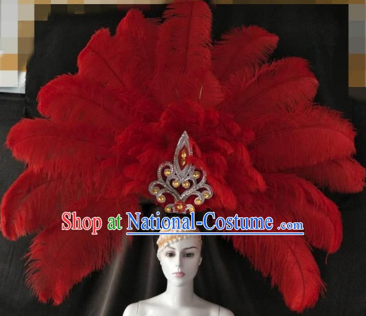 Brazilian Carnival Samba Dance Deluxe Hair Accessories Dionysia Miami Catwalks Red Feather Headdress for Women