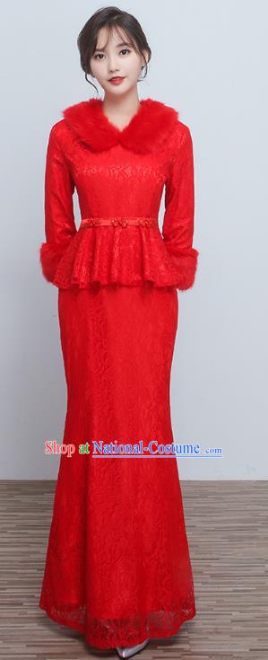 Chinese Ancient Wedding Costumes Bride Formal Dresses Embroidered Toast Qipao Red XiuHe Suit for Women