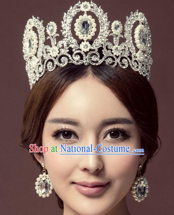 Handmade Baroque Queen Green Crystal Pearls Round Royal Crown Wedding Bride Hair Jewelry Accessories for Women