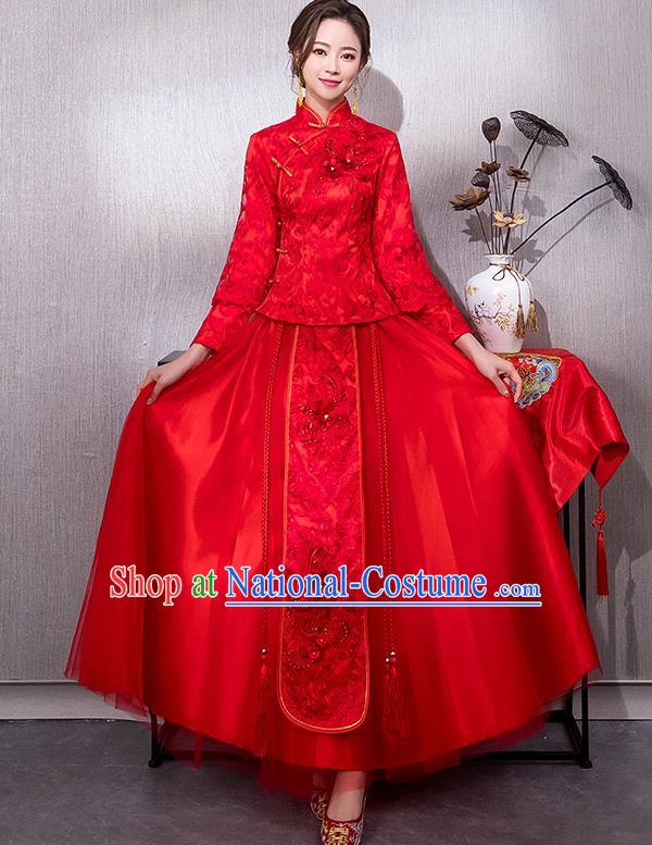 Chinese Traditional Bridal Red Xiuhe Suit Embroidered Peony Wedding Dress Ancient Bride Cheongsam for Women