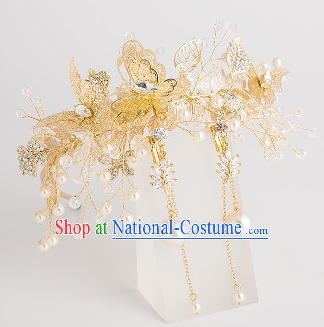Top Grade Bride Wedding Hair Accessories Golden Butterfly Pearls Hair Clasp for Women