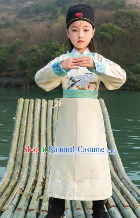 Traditional Chinese Ancient Scholar Costumes Tang Dynasty Swordsman White Embroidered Robe for Kids