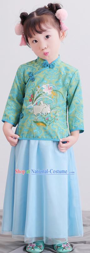 Chinese Ancient Republic of China Children Costumes Traditional Green Blouse and Skirt for Kids