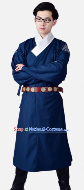 Chinese Ancient Swordsman Blue Clothing Traditional Ming Dynasty Buster Costume for Men