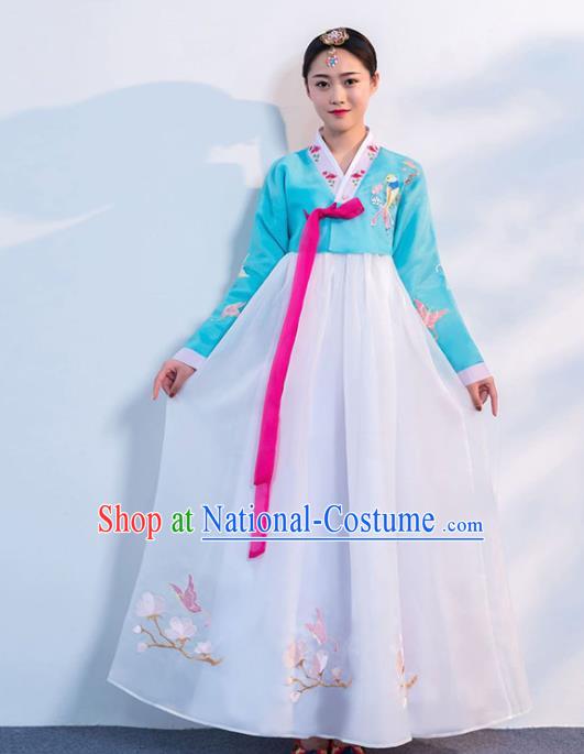 Top Grade Korean Traditional Costumes Asian Korean Hanbok Bride Blue Blouse and White Skirt for Women