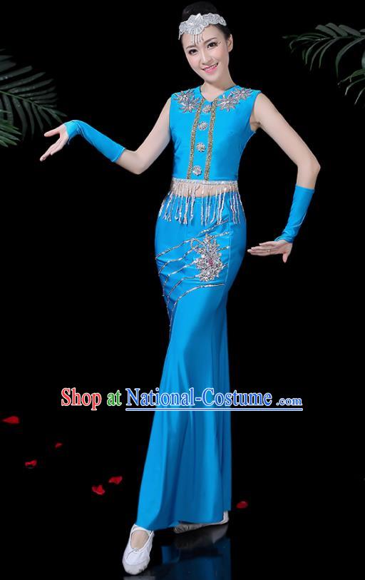 Chinese Traditional Classical Peacock Dance Blue Dress Dai Minority Folk Dance Costume for Women
