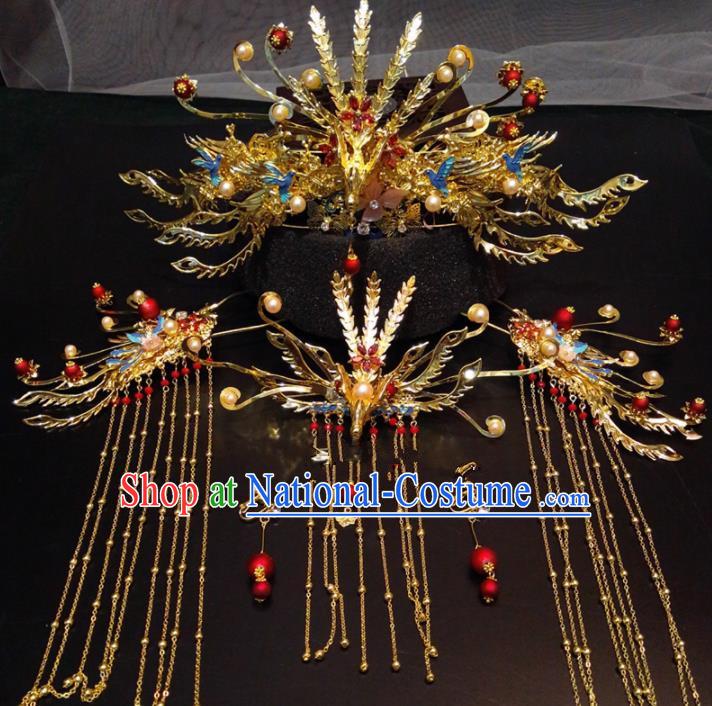 Top Chinese Traditional Golden Phoenix Coronet Wedding Hair Accessories Classical Hairpins Headdress for Women