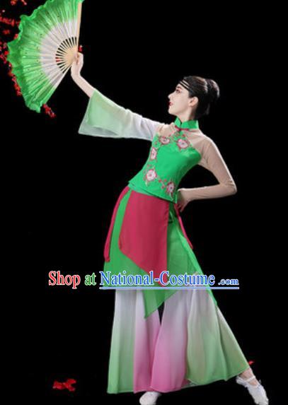 Chinese Classical Dance Green Dress Traditional Umbrella Dance Fan Dance Costumes for Women