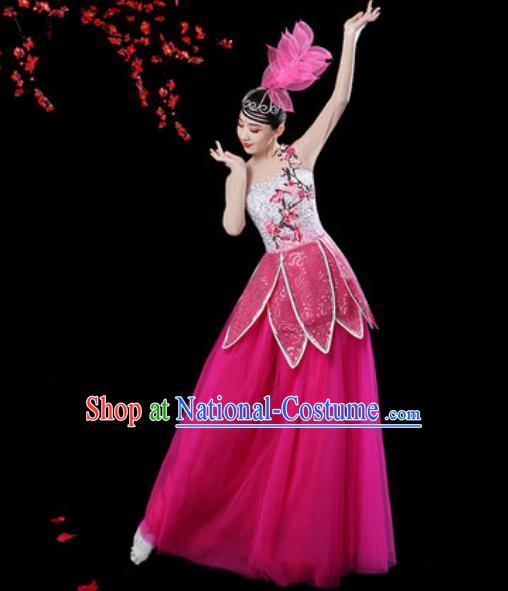 Chinese Classical Dance Rosy Veil Dress Traditional Chorus Group Dance Umbrella Dance Costumes for Women
