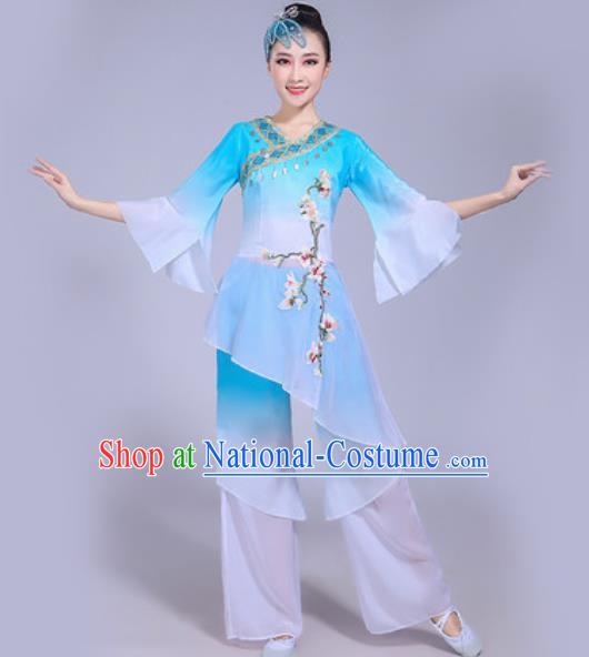 Chinese Traditional Yangko Dance Costumes Folk Dance Fan Dance Blue Clothing for Women