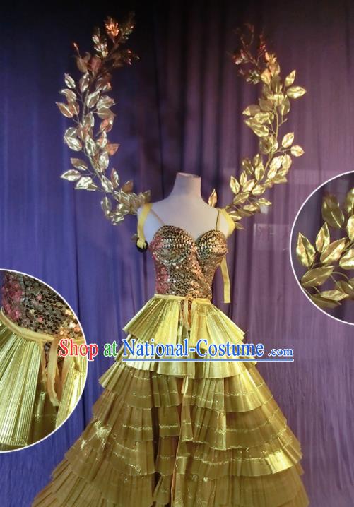 Halloween Cosplay Nun Stage Show Costumes Brazilian Carnival Parade Golden Dress and Wings for Women