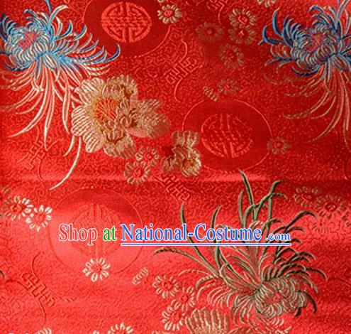 Asian Chinese Tang Suit Material Traditional Chrysanthemum Peony Pattern Design Red Satin Brocade Silk Fabric