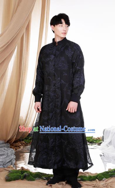 Chinese Traditional Tang Suit Costumes National Black Long Gown Overcoat for Men