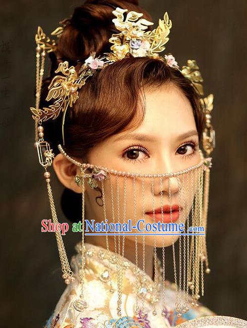 Chinese Ancient Bride Golden Hair Clasp Wedding Hair Accessories Hairpins Headwear for Women