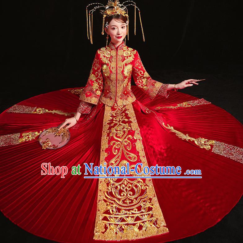 Chinese Traditional Wedding Costumes Embroidered Red Xiuhe Suits Ancient Bride Toast Full Dress for Women