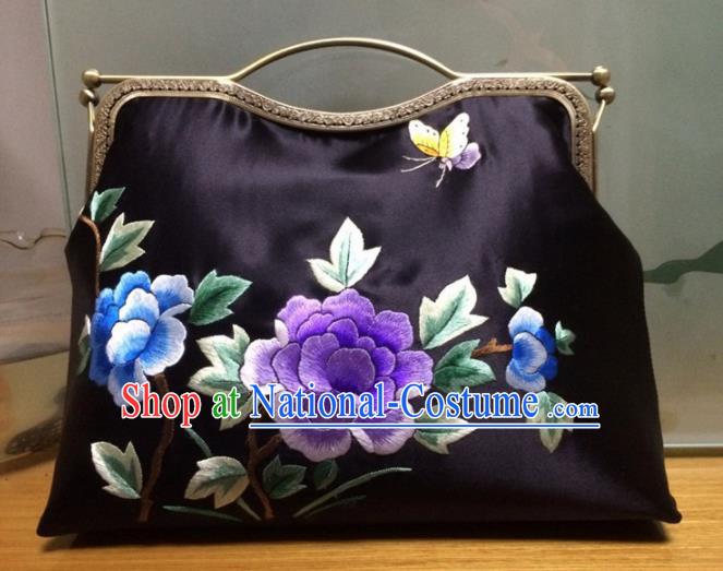 Chinese Traditional Embroidered Peony Black Handbag Handmade Embroidery Craft
