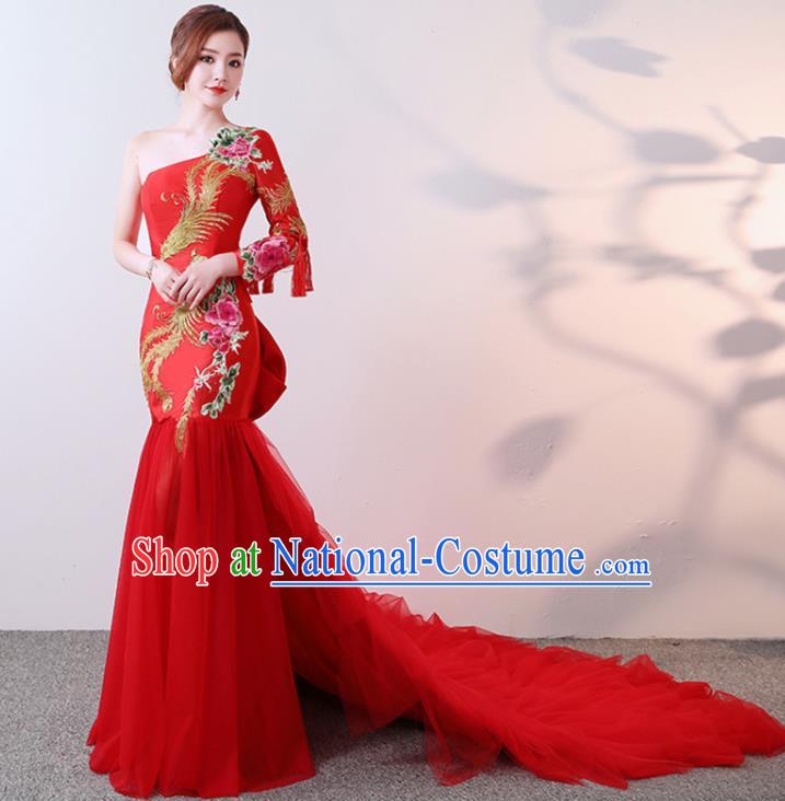 Chinese Traditional Costumes Elegant Embroidered Peony Full Dress Wedding Qipao Dress for Women