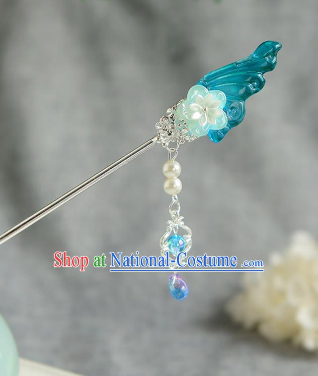 Chinese Ancient Ming Dynasty Princess Green Wing Tassel Hairpins Traditional Hanfu Court Hair Accessories for Women