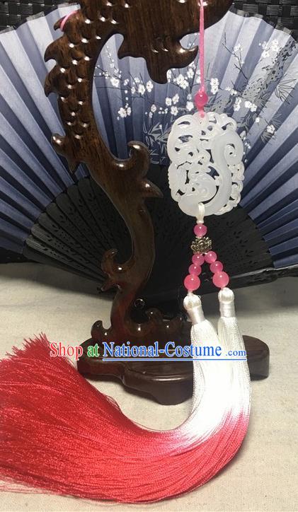 Traditional Chinese Hanfu Jade Carving Dragon Waist Accessories Ancient Swordsman Rosy Tassel Pendant