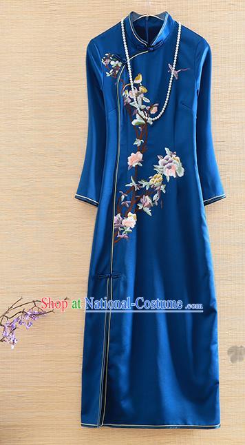 Chinese Traditional Embroidered Peony Royalblue Cheongsam National Costume Qipao Dress for Women