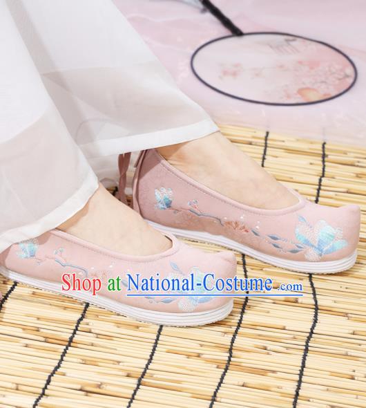 Traditional Chinese National Embroidered Magnolia Pink Shoes Ancient Princess Shoes Handmade Hanfu Shoes for Women