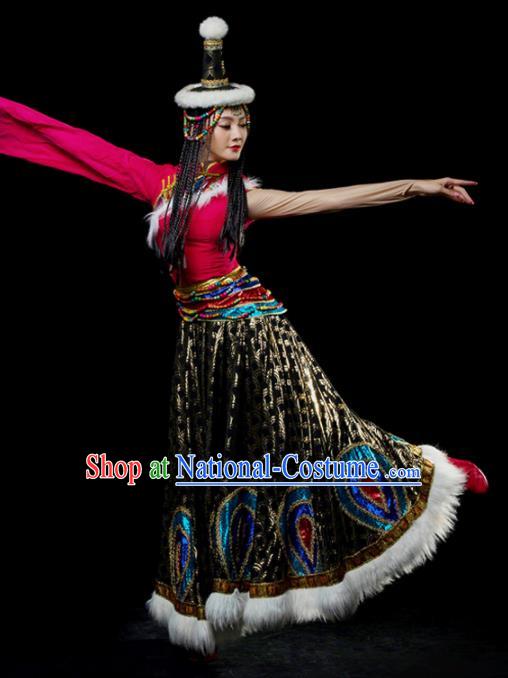 Traditional Chinese Zang Nationality Tangola Dance Dress Tibetan Ethnic Dance Stage Show Costume for Women
