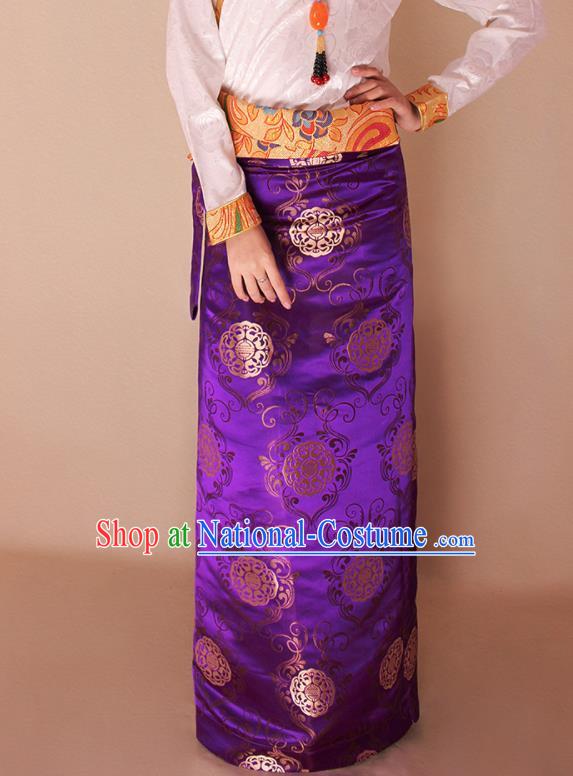 Traditional Chinese Zang Ethnic Purple Brocade Skirt Tibetan Minority Folk Dance Costume for Women