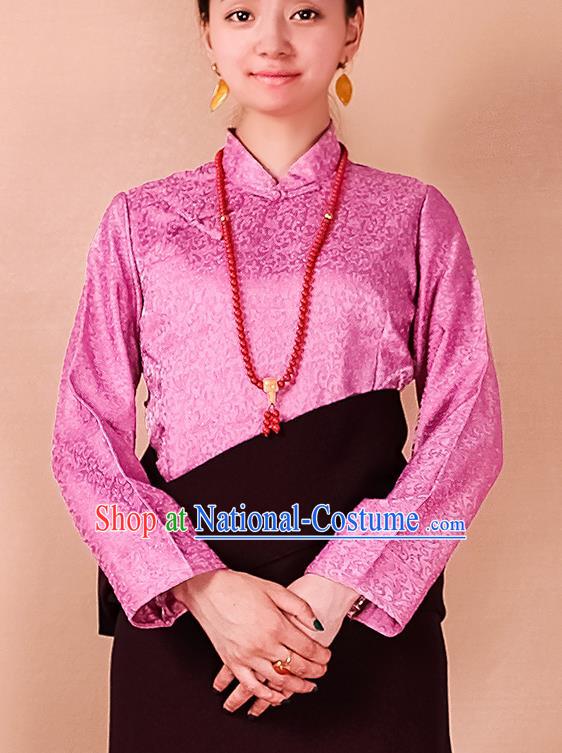 Traditional Chinese Zang Ethnic Pink Blouse Tibetan Minority Folk Dance Shirt Costume for Women